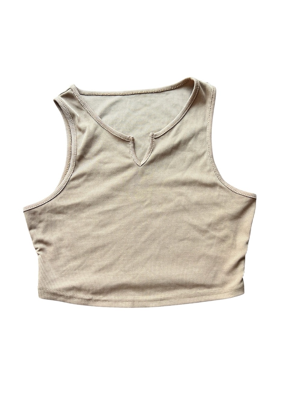 SHEIN Beige Ribbed Crop Tank with Notch Neck